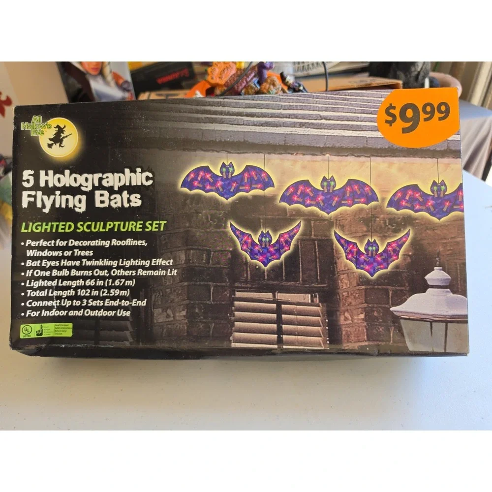 VTG Halloween Holographic Flying Bats Purple Blinking String Lights Set 5 Y2k